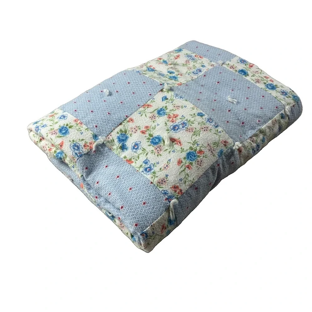 Handmade Baby Lap Quilt Blue Floral Block Yarn Ties 31.5x42 Blanket Cottagecore